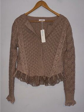 BLUIVY Tan Knit & Lace Cardigan sz M NWT